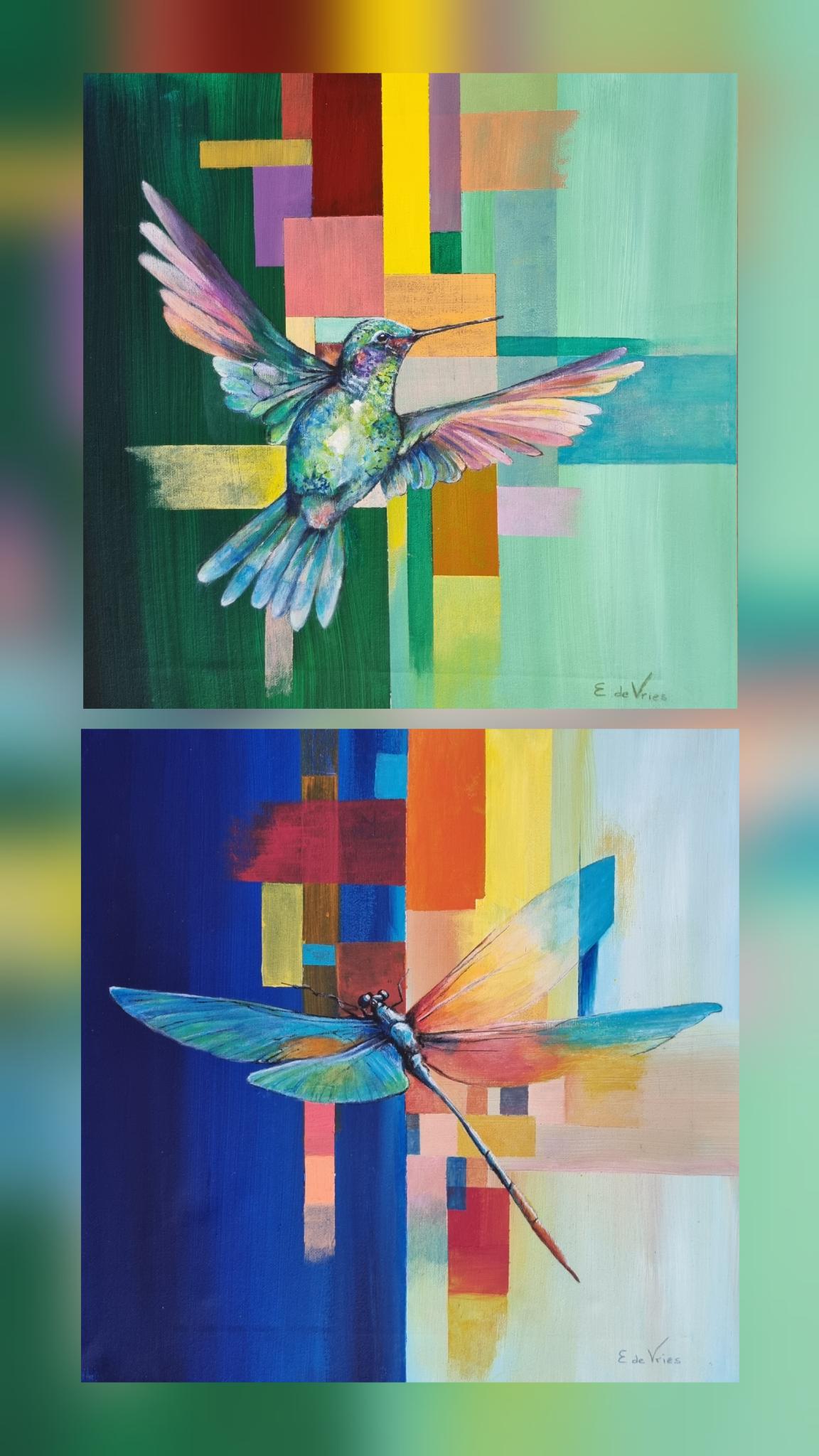 40 x 40 cm  ( zonder lijst gefotografeerd)
 met lijst (die mee geschilderd is in de kleuren van het schilderij)
Kolibri is verkocht