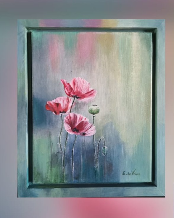bloem op een vaag gekleurde achtergrond  
Afmetingen doek 30x25

de lijst eromheen is van hout en mee geverfd in de kleuren van het schilderij