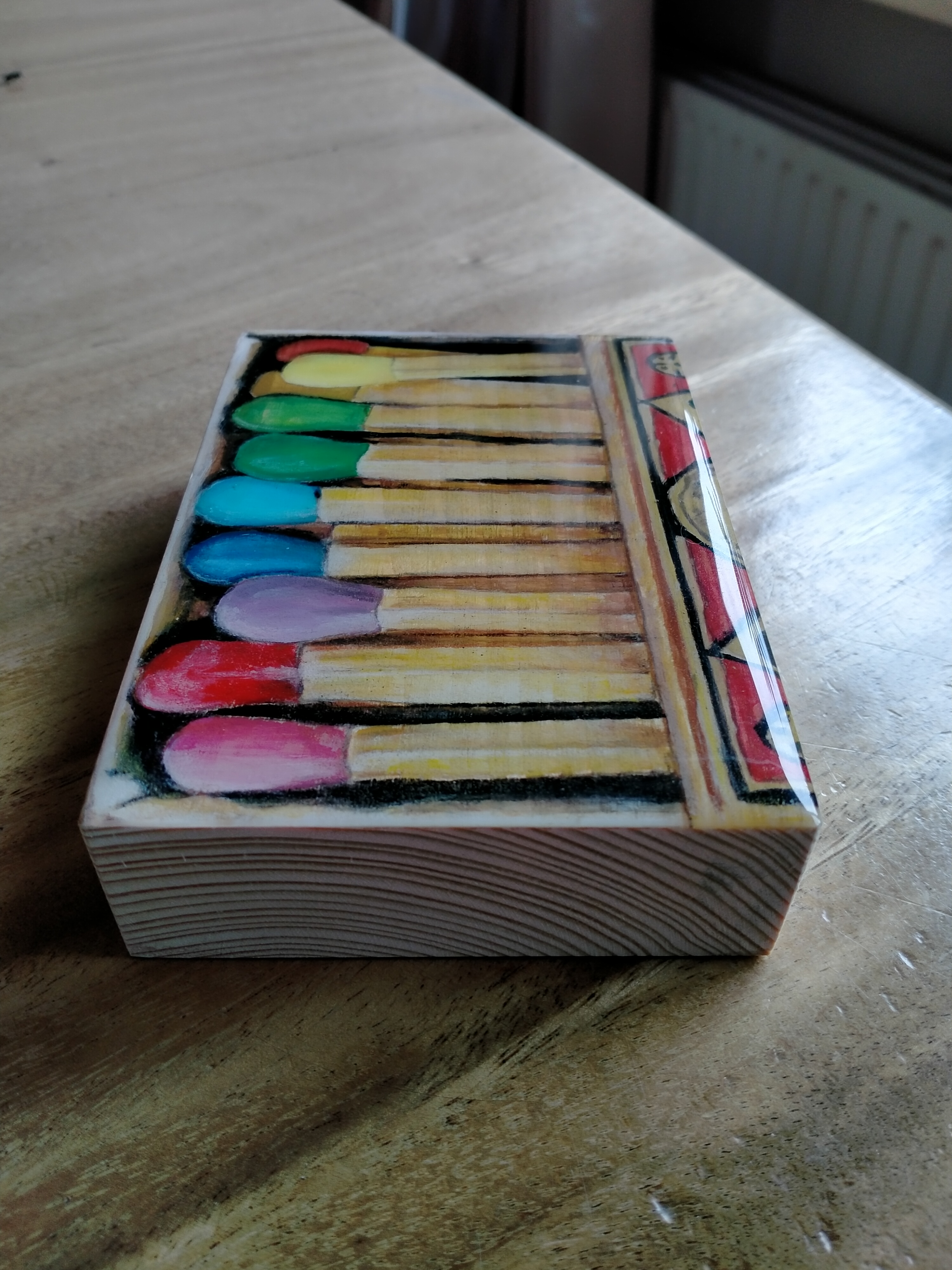 op blokje steigerhout 13 x 9 cm 
lucifers